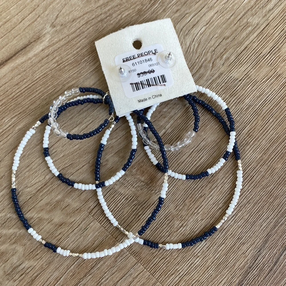 NEW NWT Free People navy Blue White Beaded Hoop Landslide Earrings Layered